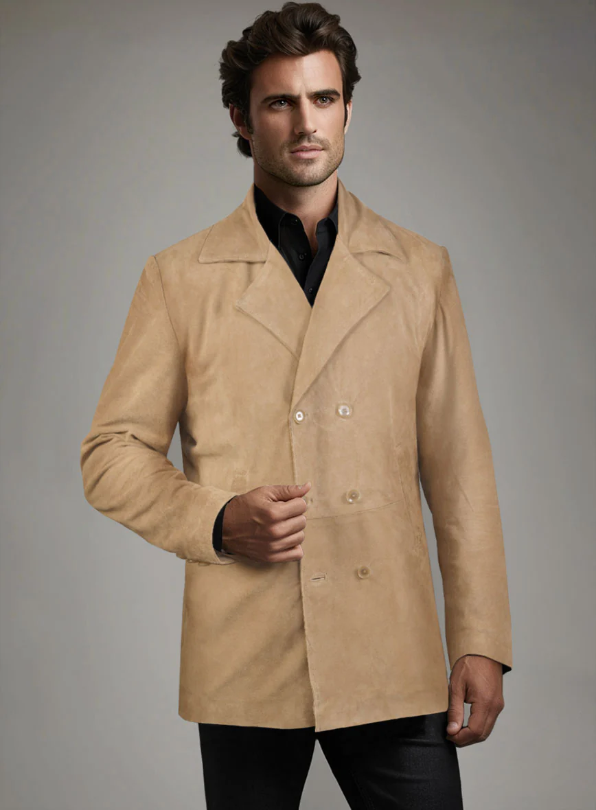 Latte Beige Suede Leather Pea Coat - Image 2