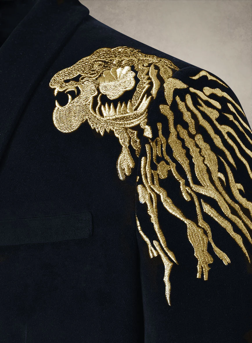 Lion Embroidery Blue Velvet Blazer - Image 2