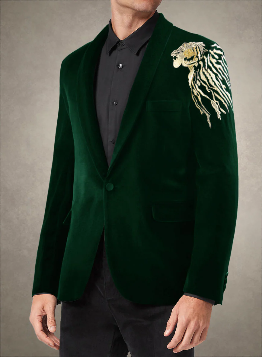 Lion Embroidery Royal Green Velvet Blazer - Image 2