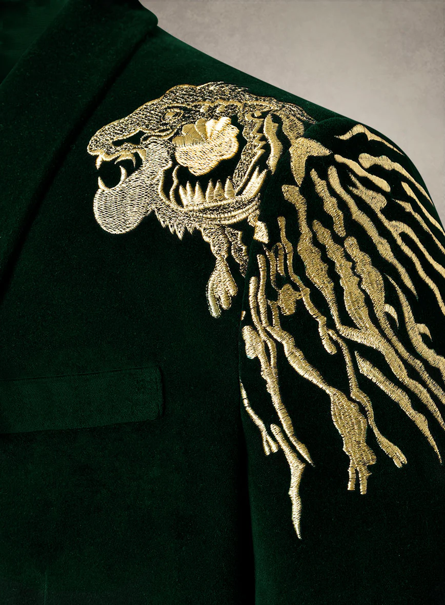 Lion Embroidery Royal Green Velvet Blazer - Image 3