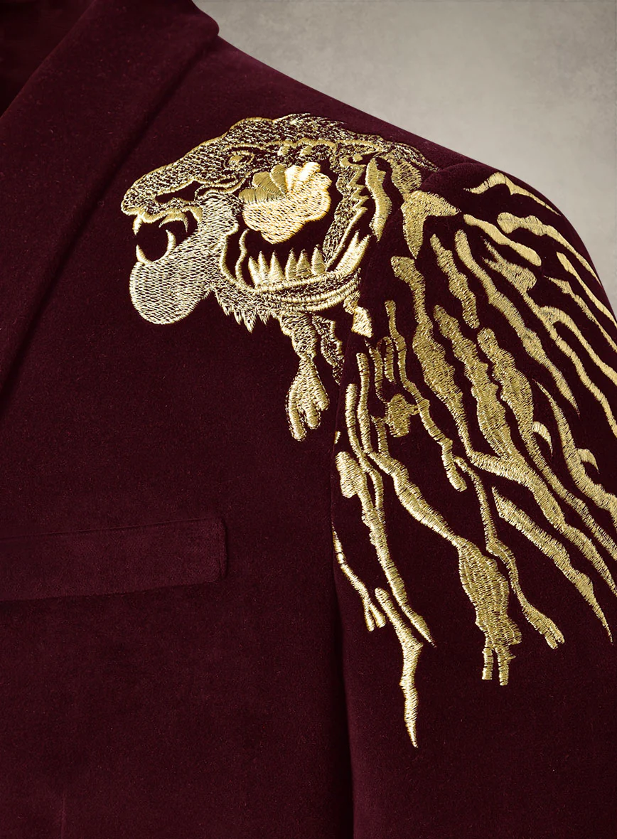 Lion Embroidery Wine Velvet Blazer - Image 2