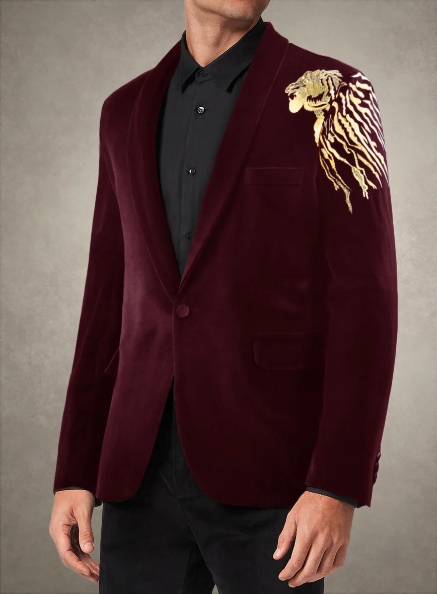 Lion Embroidery Wine Velvet Blazer - Image 3