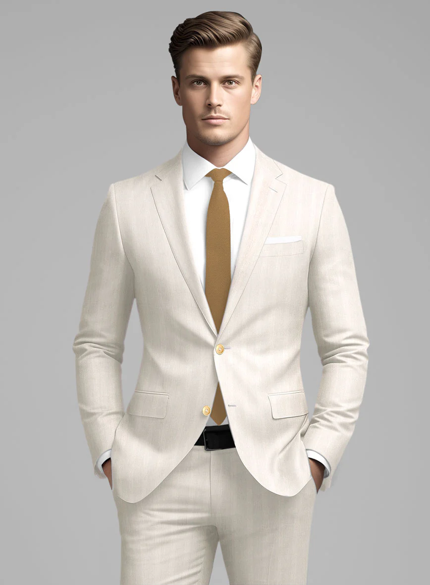 London Loom Beige Herringbone Wool Silk Linen Suit - Image 3