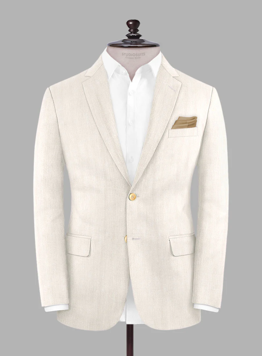 London Loom Beige Herringbone Wool Silk Linen Suit - Image 4