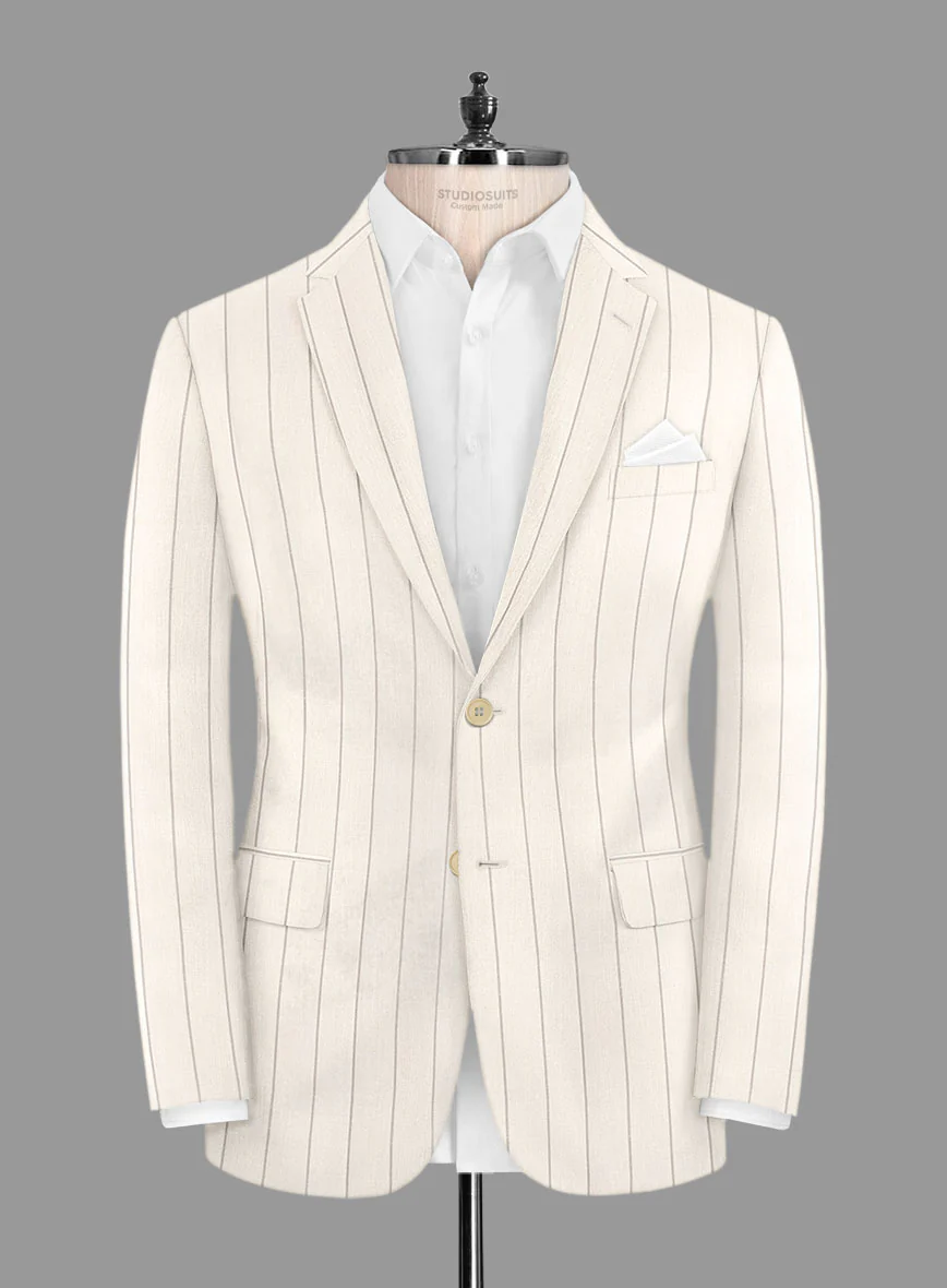 London Loom Beige Stripe Wool Silk Linen Jacket - Image 2