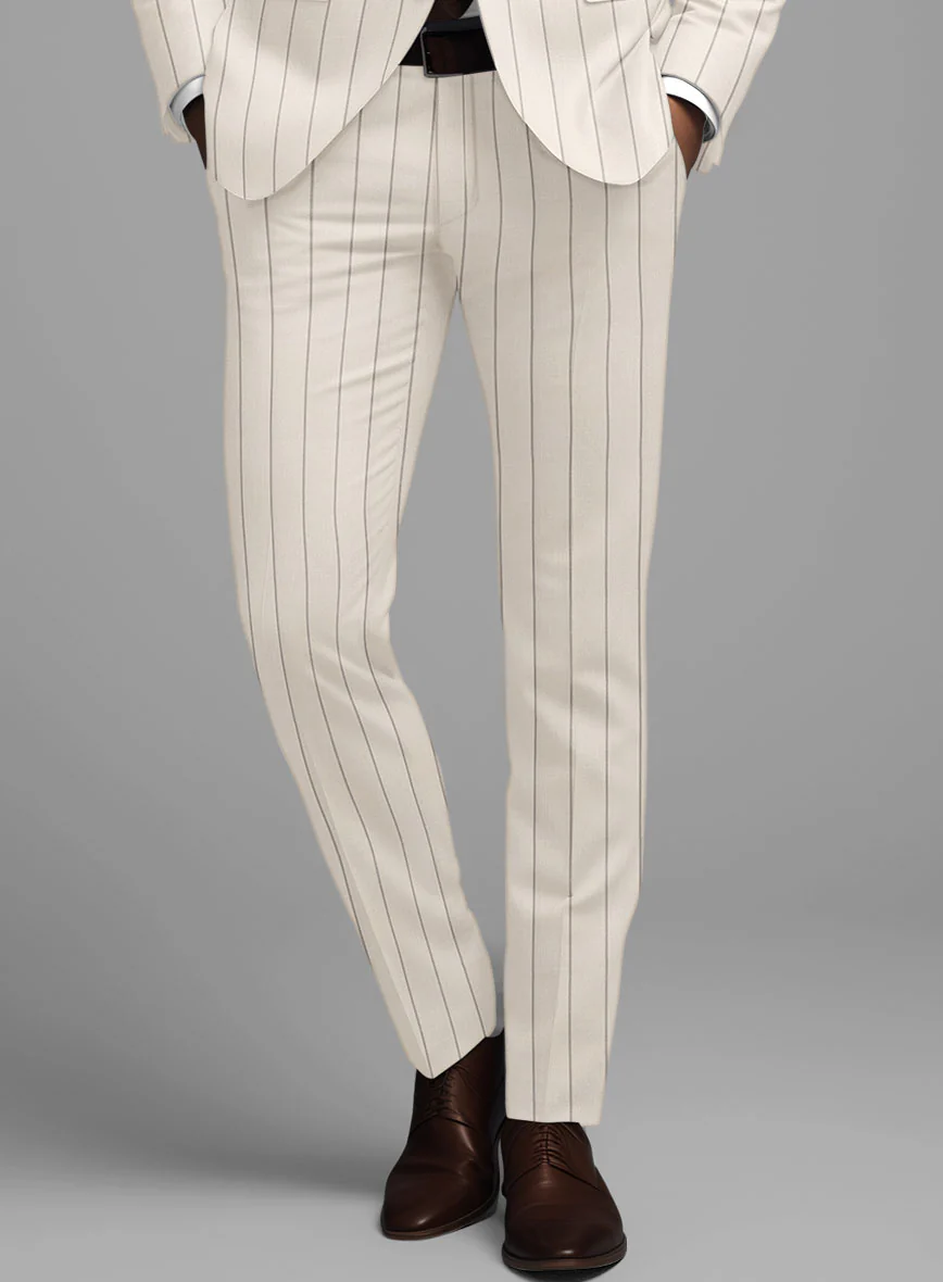 London Loom Beige Stripe Wool Silk Linen Pants - Image 2