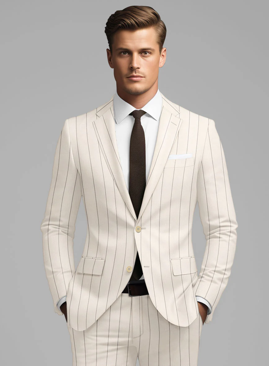 London Loom Beige Stripe Wool Silk Linen Suit - Image 3