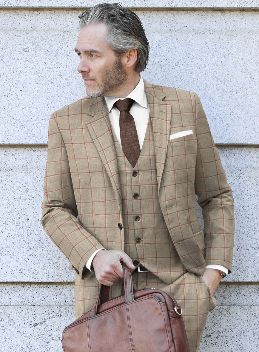 London Loom Beige Windowpane Wool Silk Linen Suit - Image 3