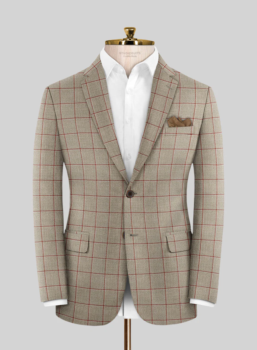 London Loom Beige Windowpane Wool Silk Linen Suit - Image 5
