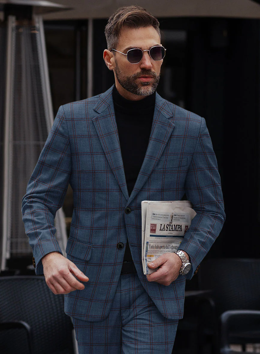 London Loom Blue Check Wool Silk Linen Suit - Image 3