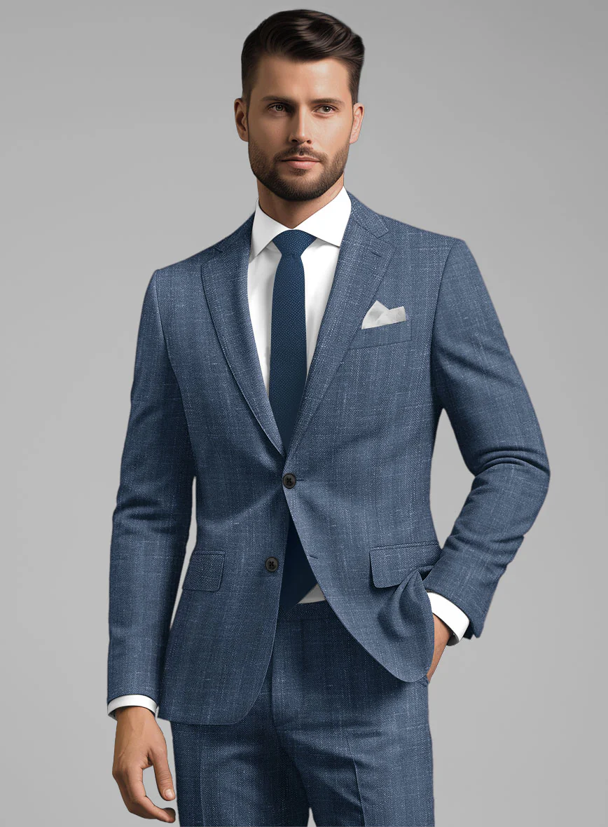 London Loom Blue Herringbone Wool Silk Linen Jacket - Image 2