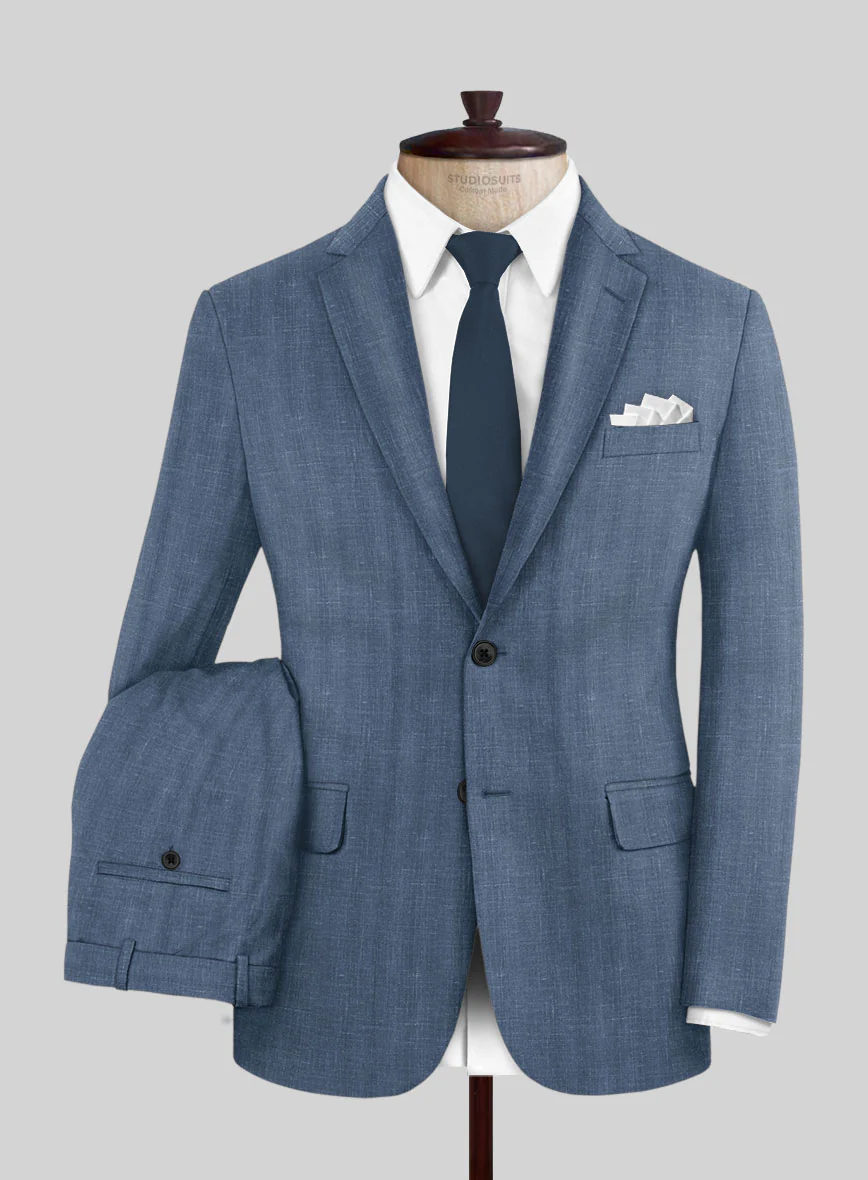 London Loom Blue Herringbone Wool Silk Linen Suit - Image 2