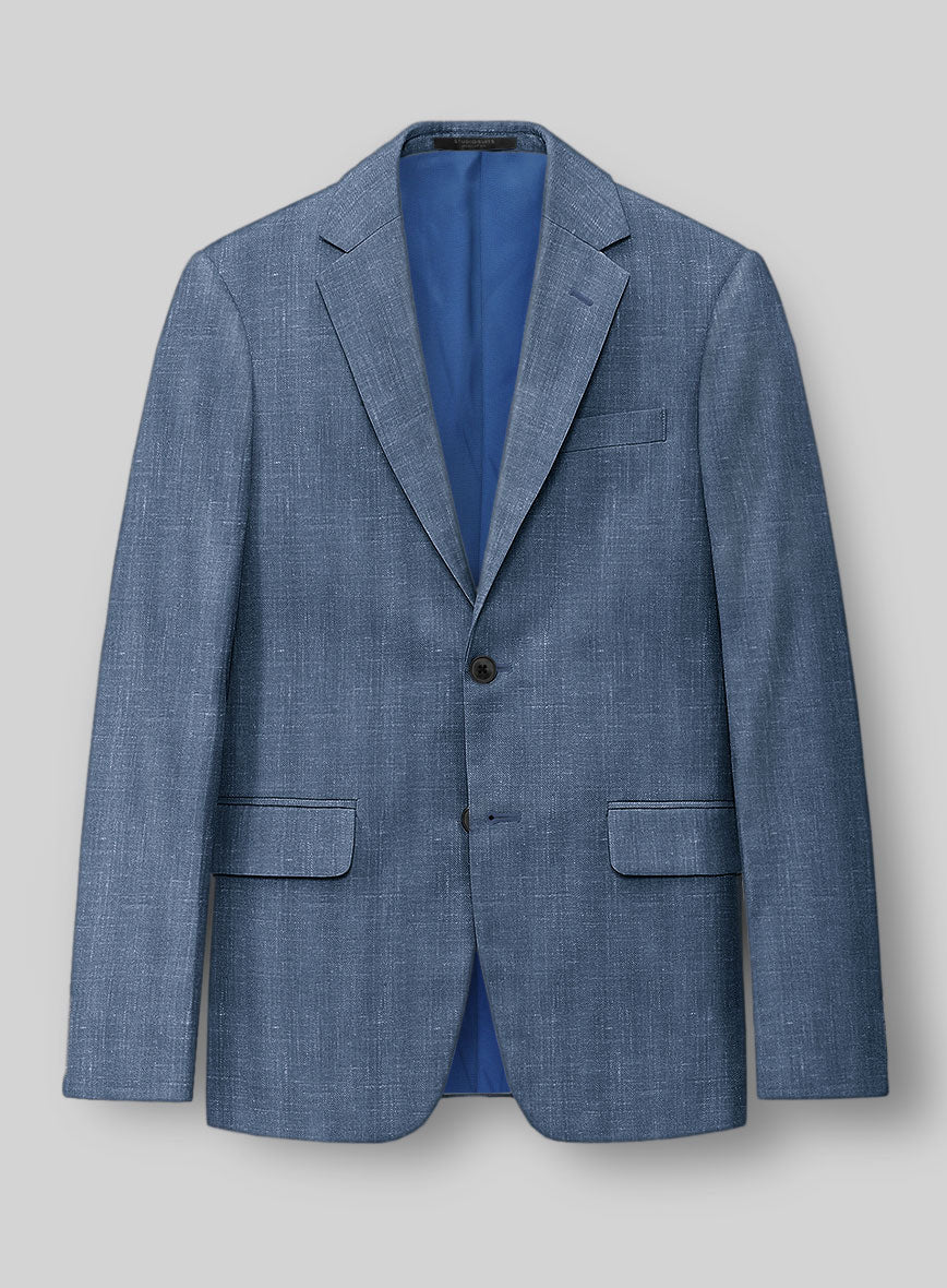 London Loom Blue Herringbone Wool Silk Linen Suit - Image 4