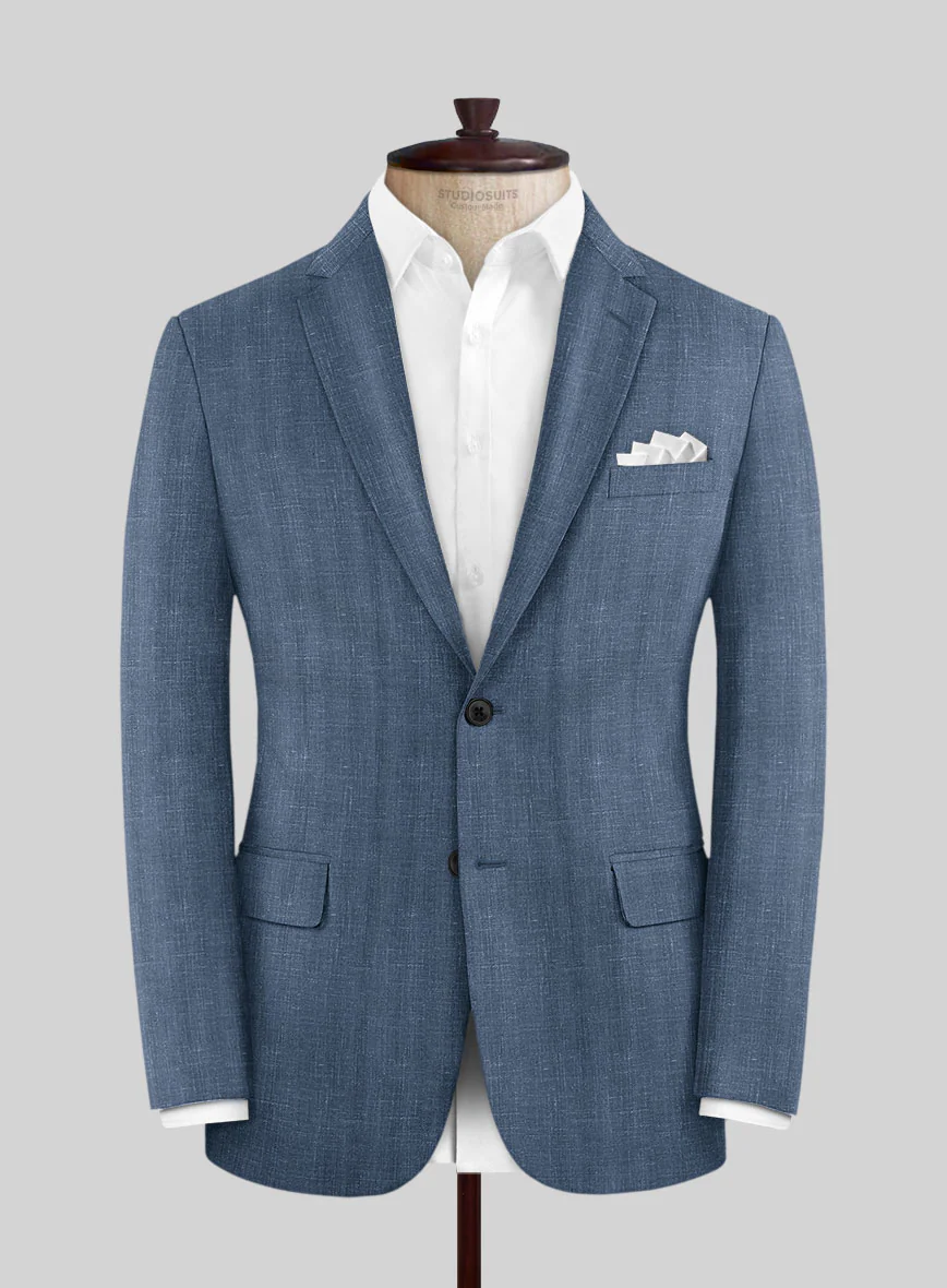 London Loom Blue Herringbone Wool Silk Linen Suit - Image 5