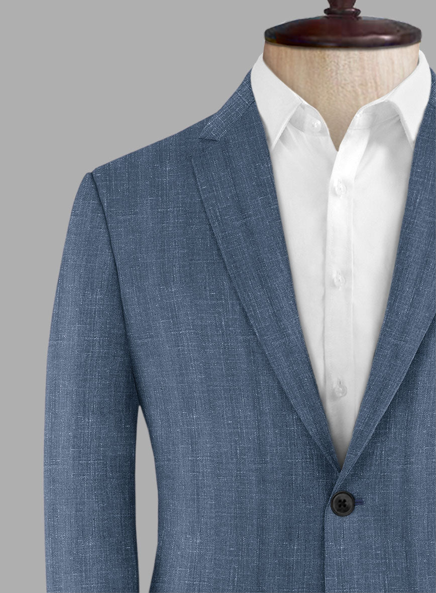 London Loom Blue Herringbone Wool Silk Linen Suit - Image 6