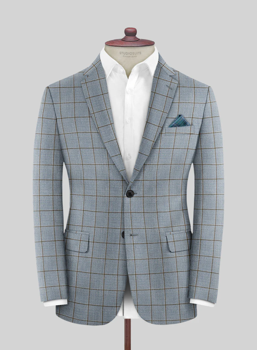 London Loom Blue Windowpane Wool Silk Linen Jacket - Image 3