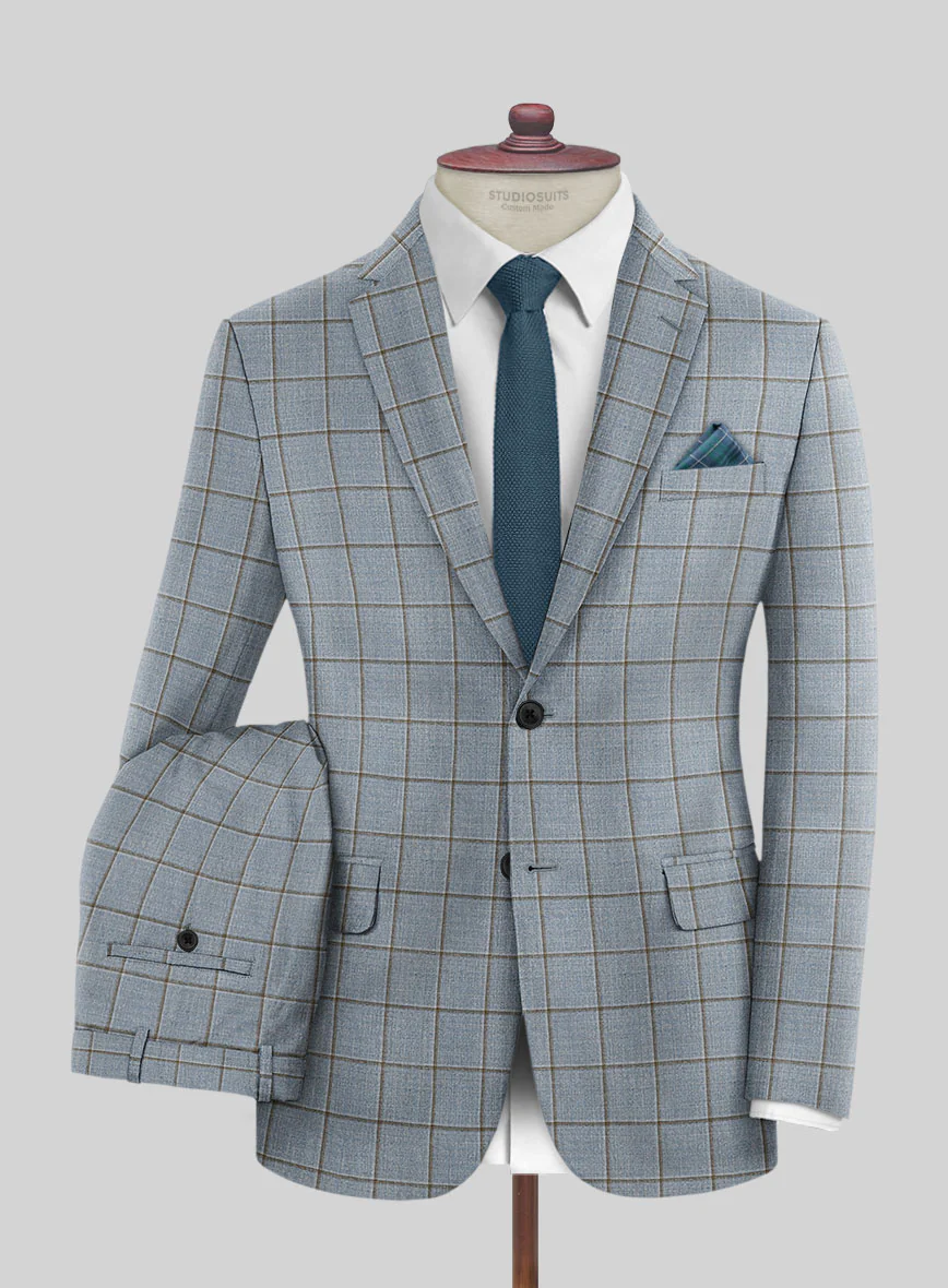 London Loom Blue Windowpane Wool Silk Linen Suit - Image 2