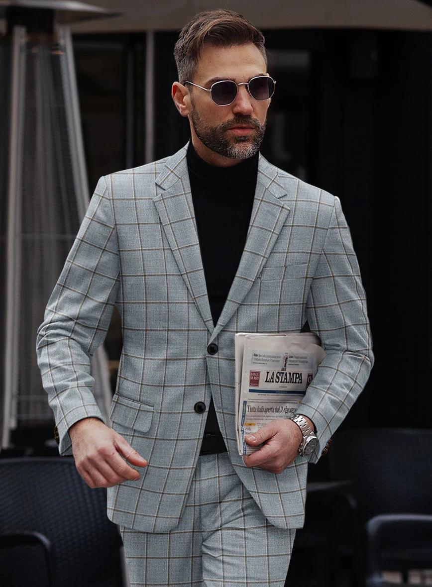 London Loom Blue Windowpane Wool Silk Linen Suit - Image 3