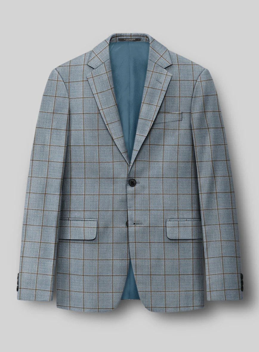 London Loom Blue Windowpane Wool Silk Linen Suit - Image 5