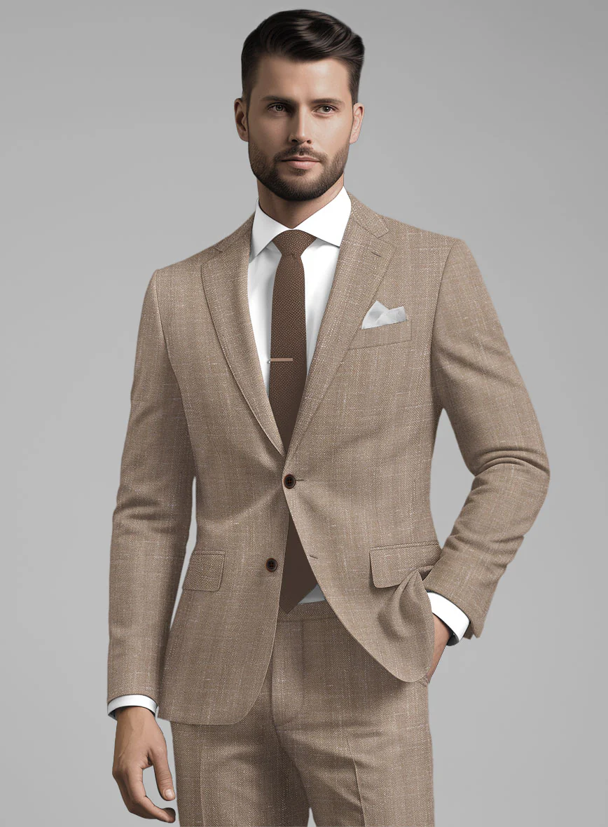 London Loom Brown Herringbone Wool Silk Linen Suit - Image 3