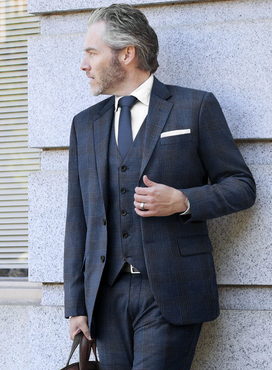 London Loom Dark Blue Check Wool Silk Linen Jacket - Image 2