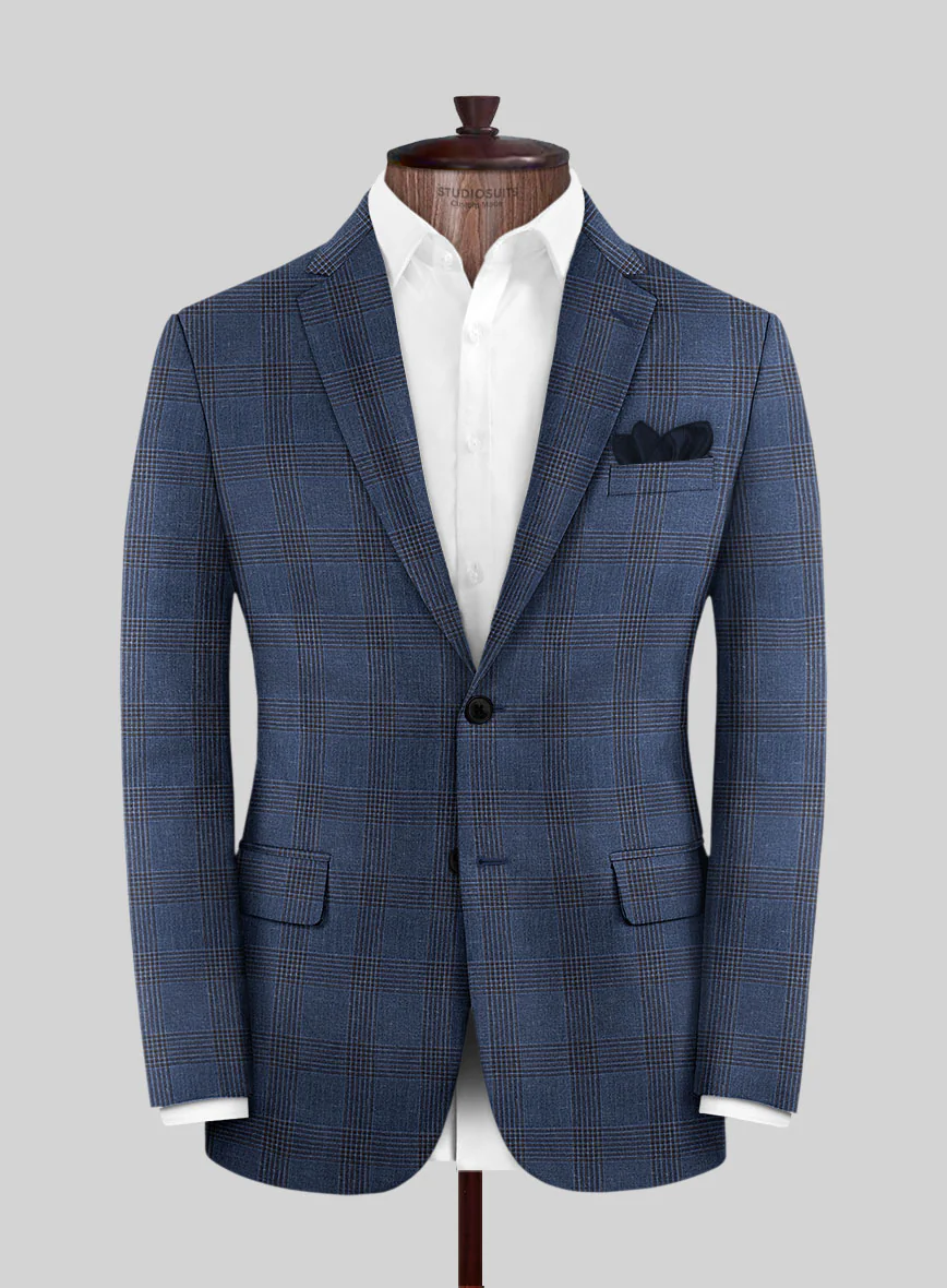 London Loom Dark Blue Check Wool Silk Linen Jacket - Image 3