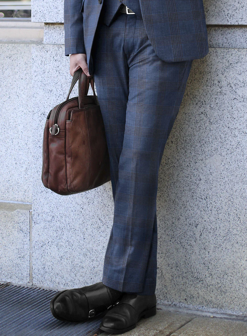London Loom Dark Blue Check Wool Silk Linen Pants - Image 2