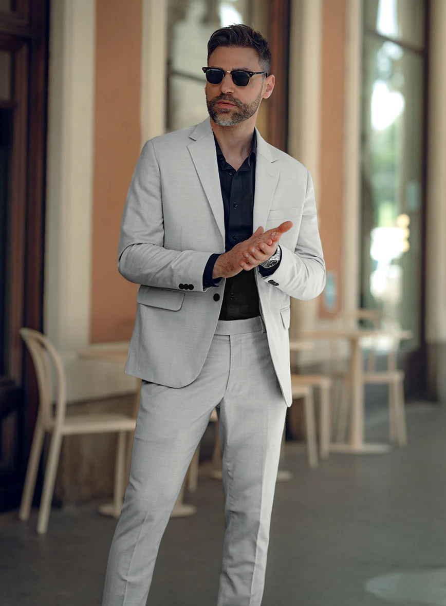 London Loom Gray Herringbone Wool Silk Linen Suit - Image 3