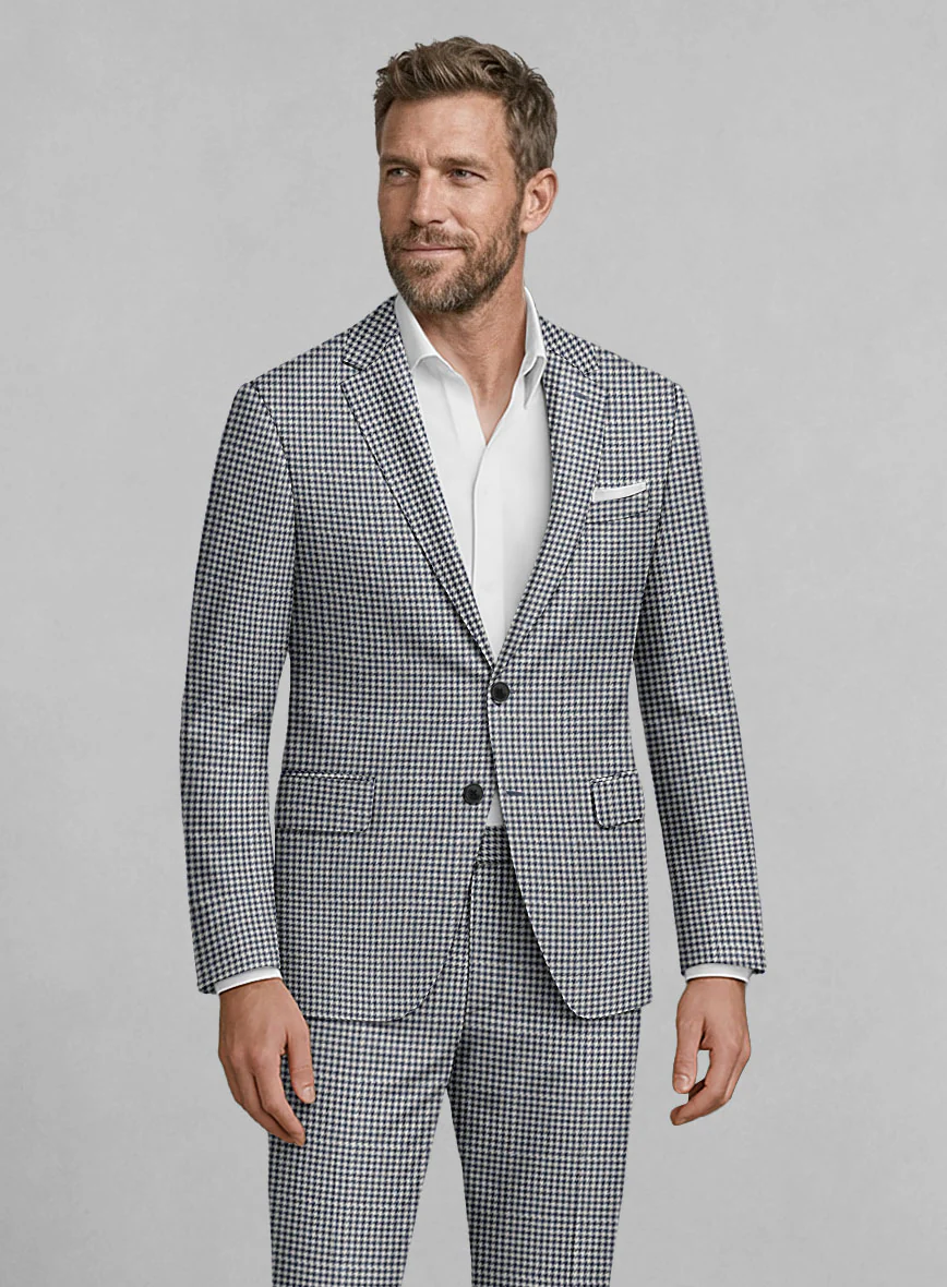 London Loom Steel Blue Houndstooth Wool Silk Linen Jacket - Image 2
