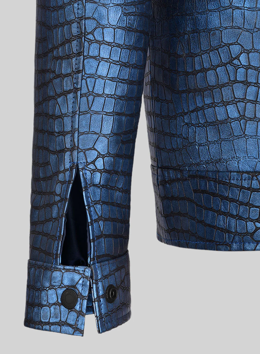 Lustrous Croc Metallic Blue Leather Jacket - Image 4
