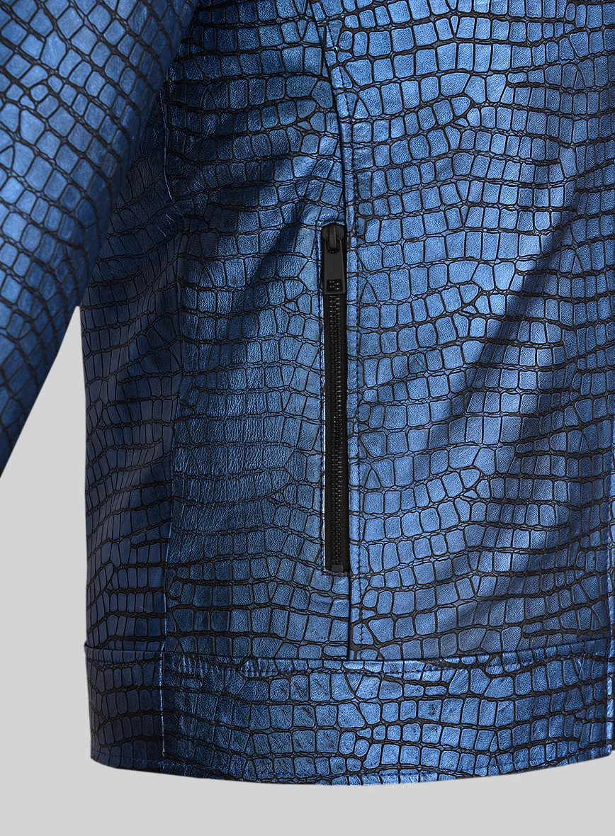 Lustrous Croc Metallic Blue Leather Jacket - Image 5