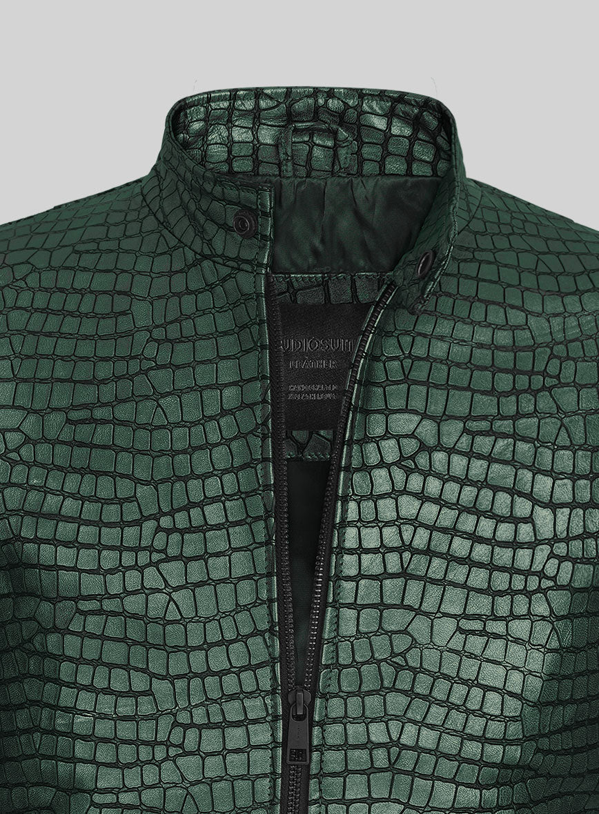 Lustrous Croc Metallic Green Leather Jacket - Image 2