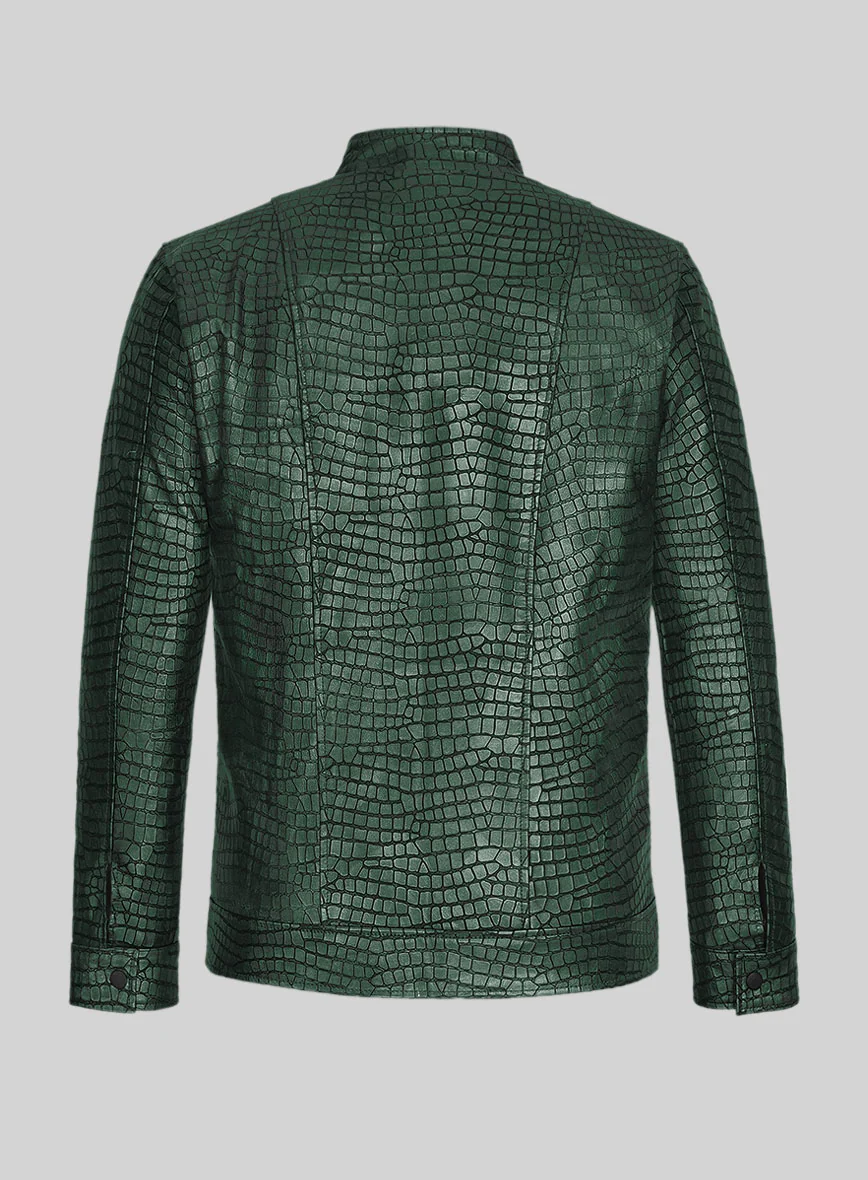 Lustrous Croc Metallic Green Leather Jacket - Image 3