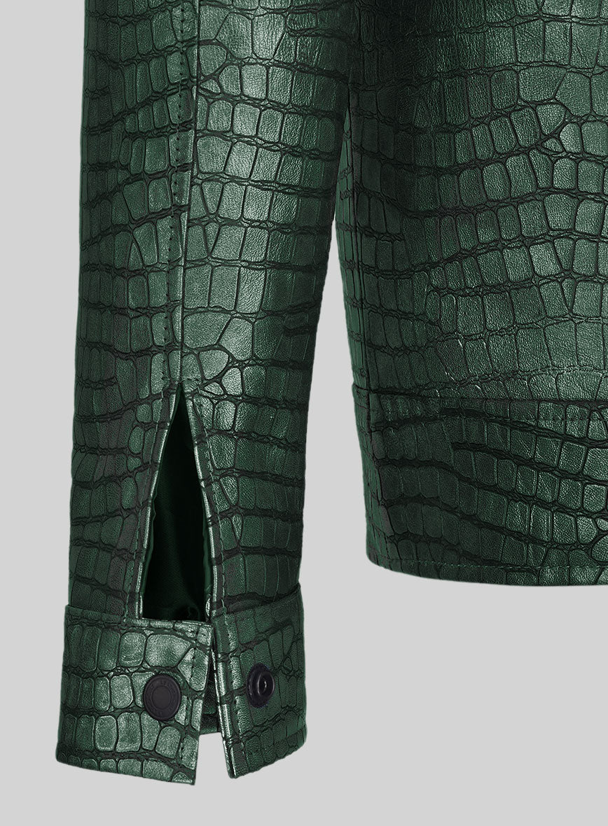 Lustrous Croc Metallic Green Leather Jacket - Image 4
