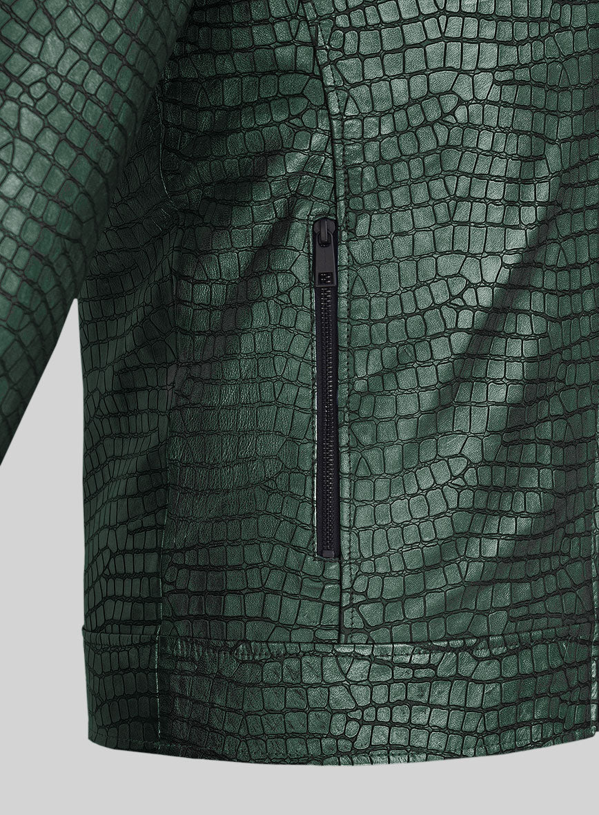 Lustrous Croc Metallic Green Leather Jacket - Image 5