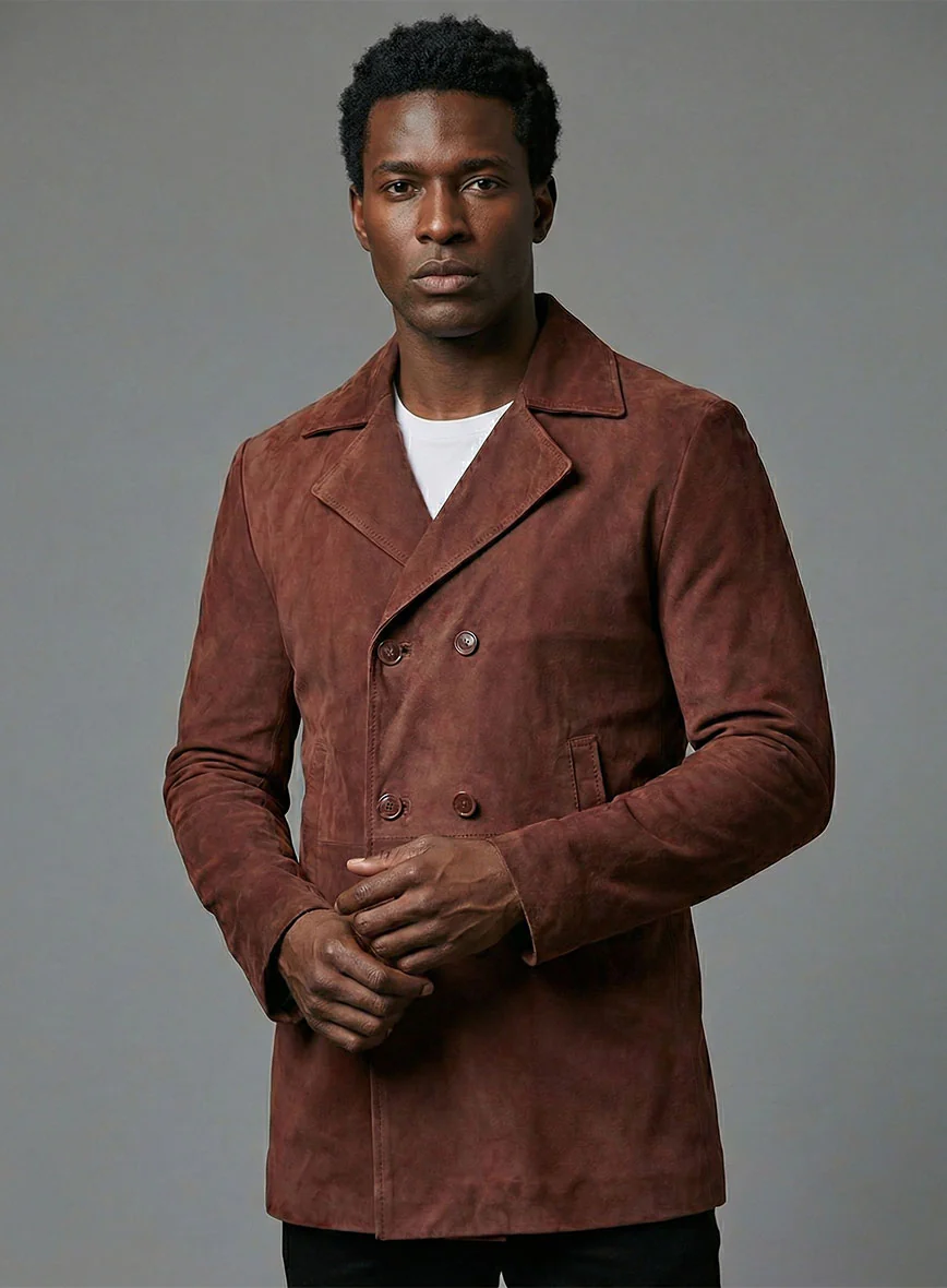 Mahogany Brown Suede Leather Pea Coat - Image 2