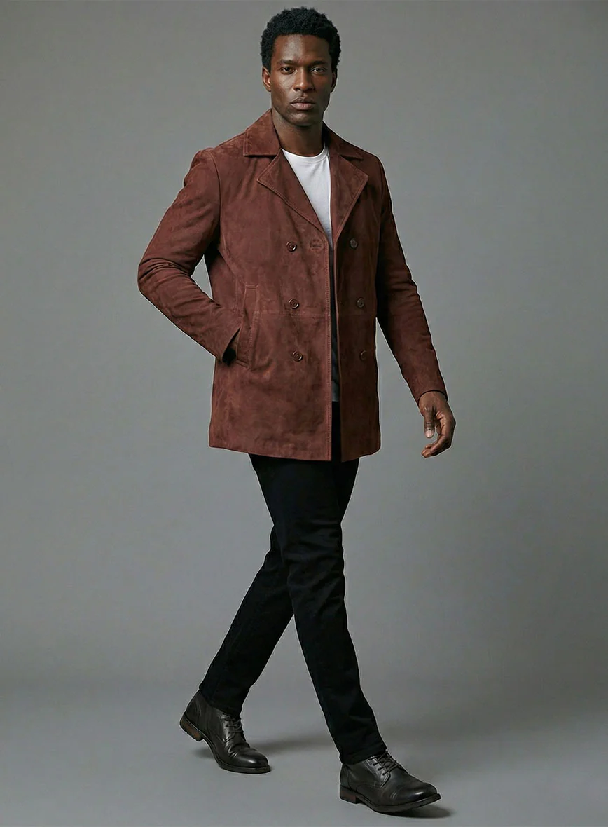 Mahogany Brown Suede Leather Pea Coat - Image 4