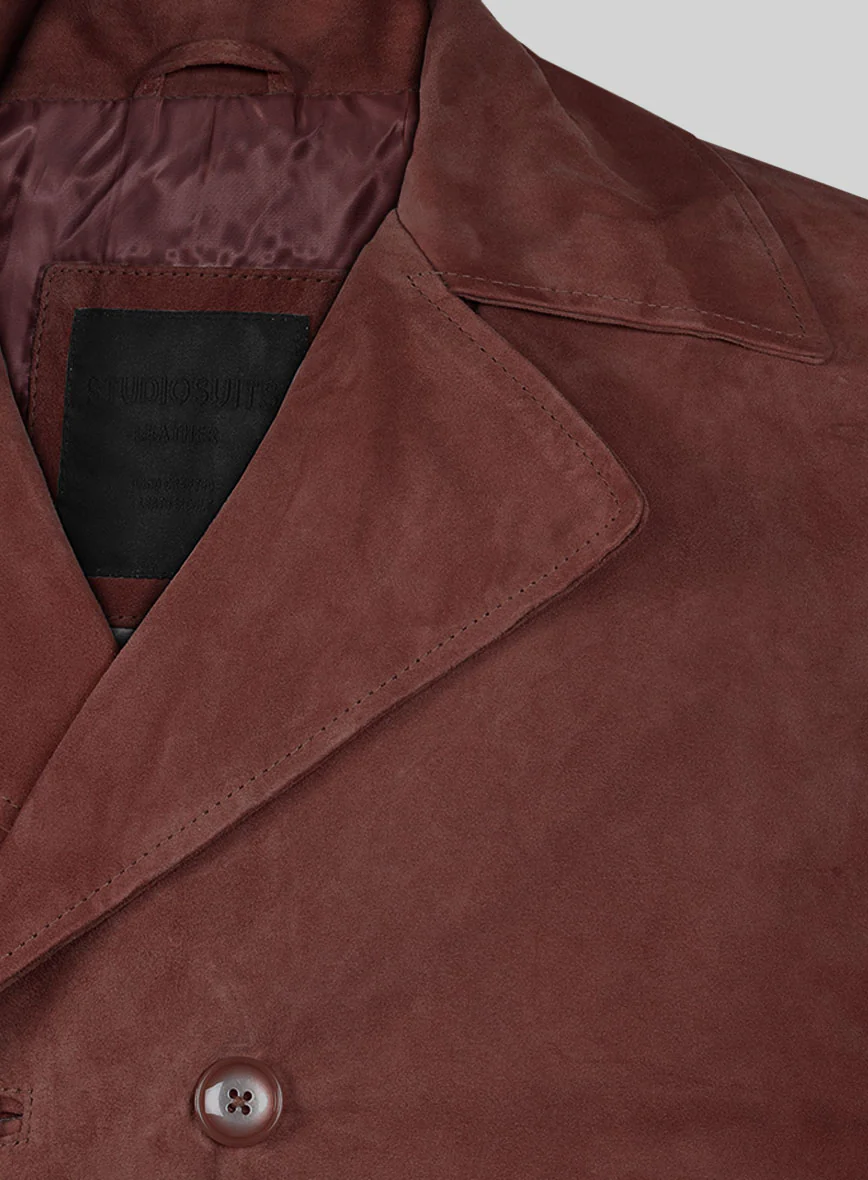 Mahogany Brown Suede Leather Pea Coat - Image 5