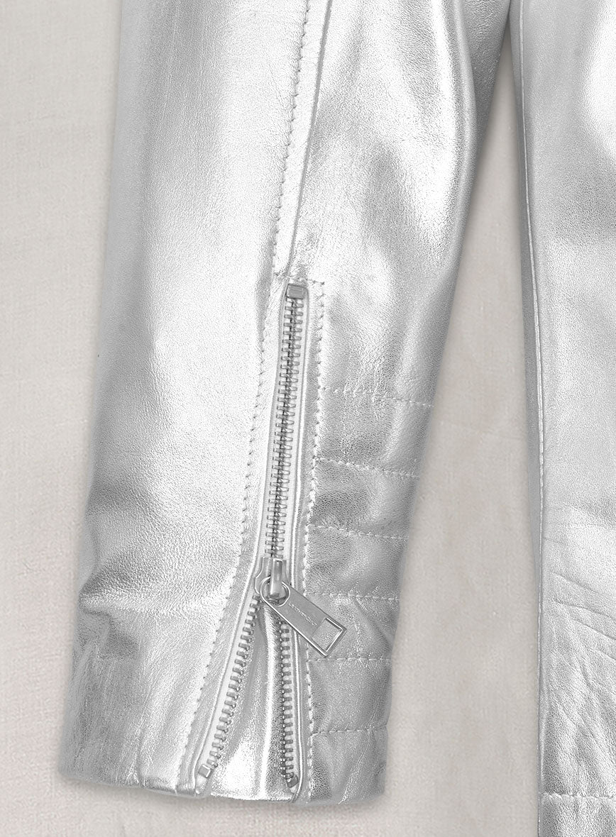 Metallic Moonlight Silver Leather Jacket - Image 5