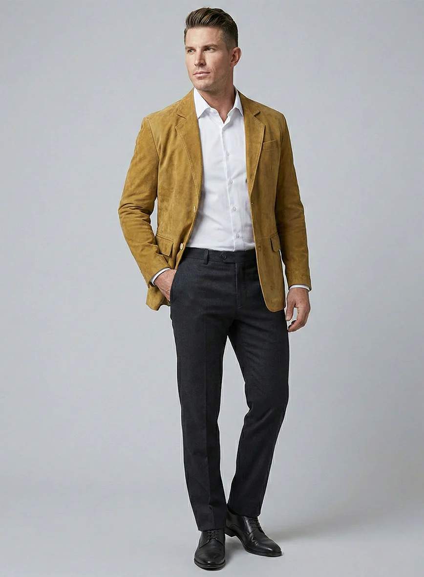 Mustard Suede Leather Blazer - Image 2