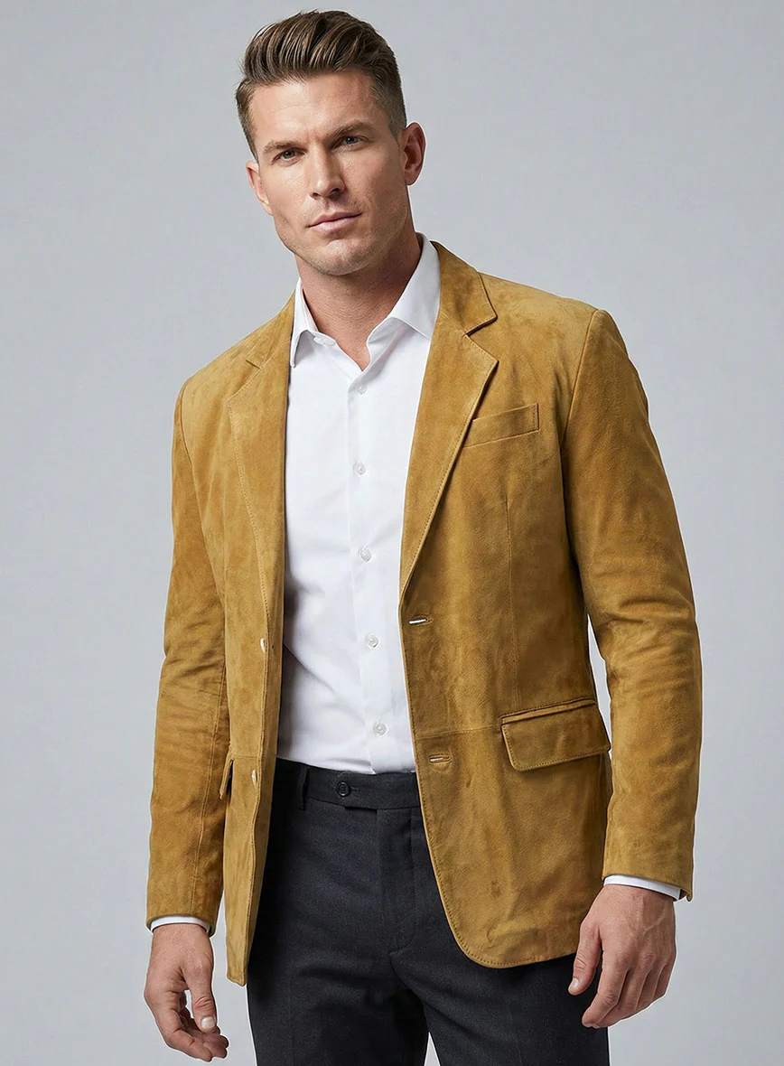 Mustard Suede Leather Blazer - Image 4