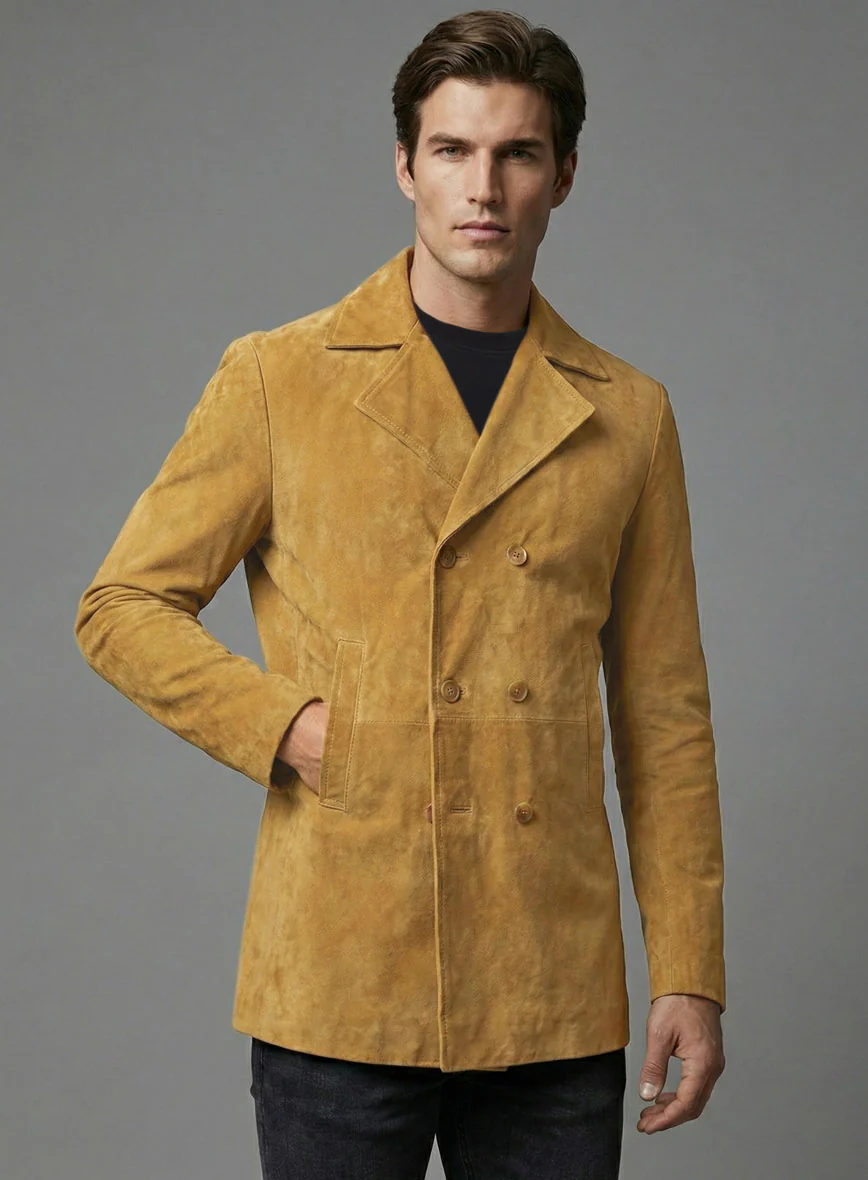 Mustard Suede Leather Pea Coat - Image 2