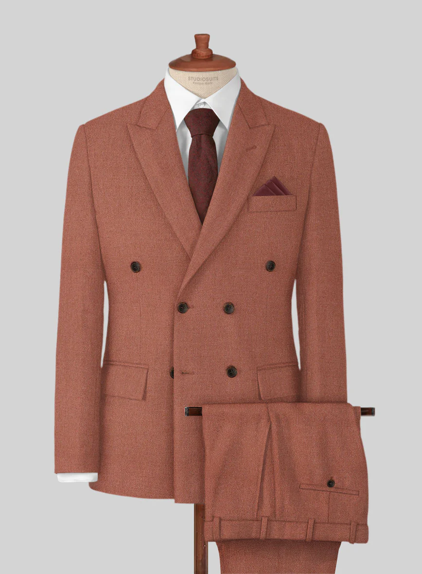 Naples Dark Salmon Pink Tweed Double Breasted Suit