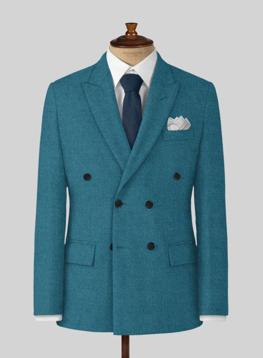 Naples Teal Blue Tweed Double Breasted Suit - Image 2