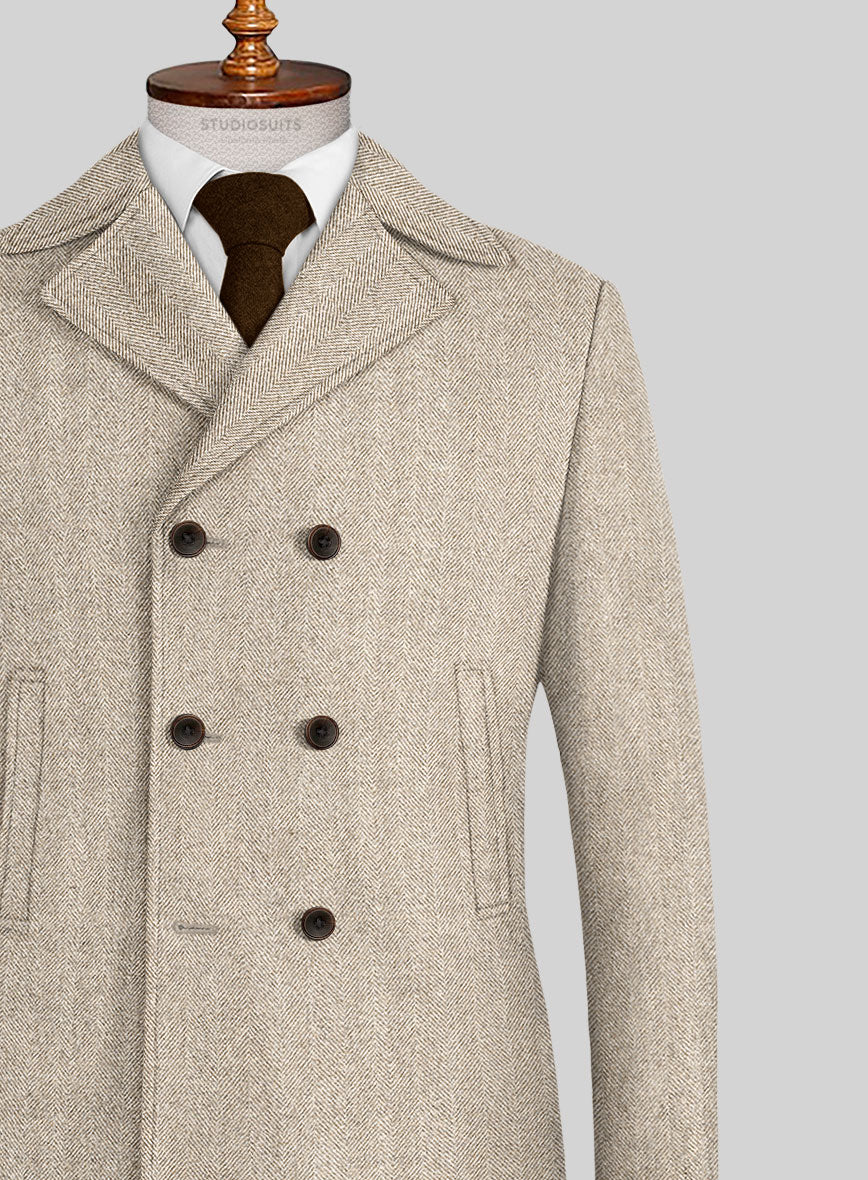 Naples Wide Herringbone Beige Tweed Pea Coat - Image 2