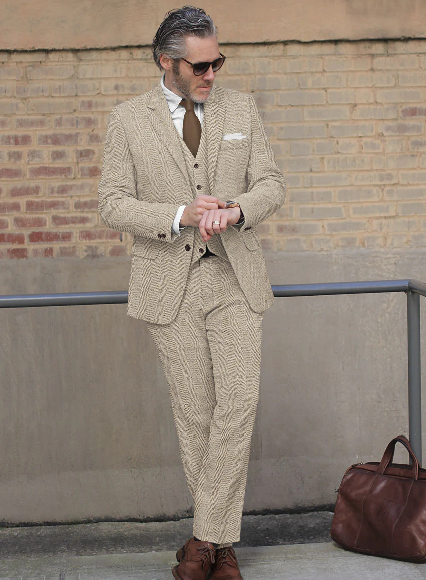 Naples Wide Herringbone Beige Tweed Suit - Image 2