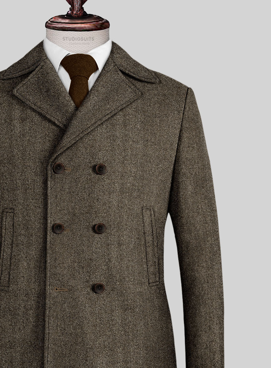 Naples Wide Herringbone Brown Tweed Pea Coat - Image 2