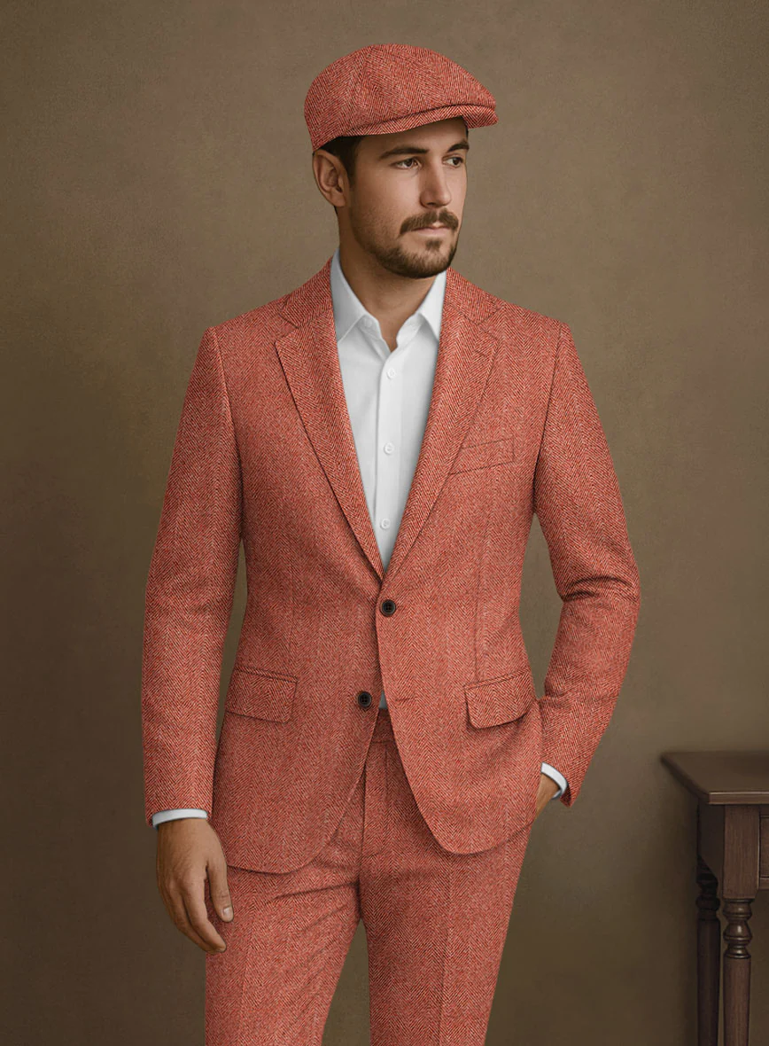 Naples Wide Herringbone Caramine Pink Tweed Suit - Image 3