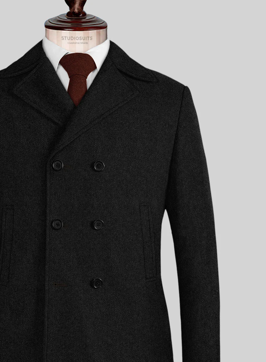 Naples Wide Herringbone Charcoal Tweed Pea Coat - Image 2