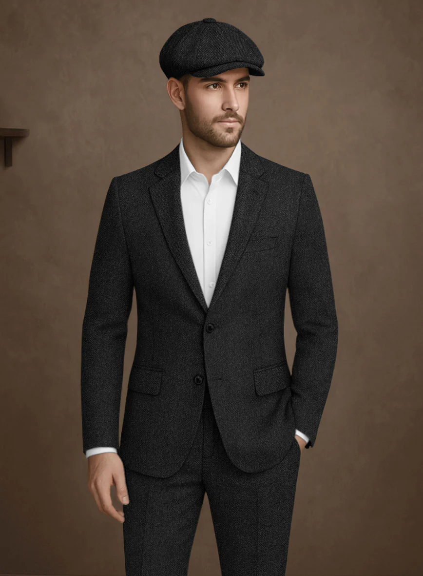 Naples Wide Herringbone Charcoal Tweed Suit - Image 3